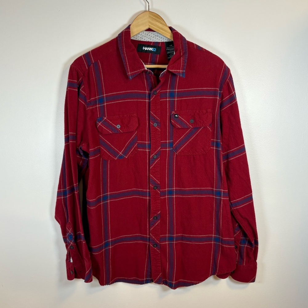 Tony Hawk Men’s Large Red Blue Plaid Cotton Flannel Button Down Shirt, Cotton
